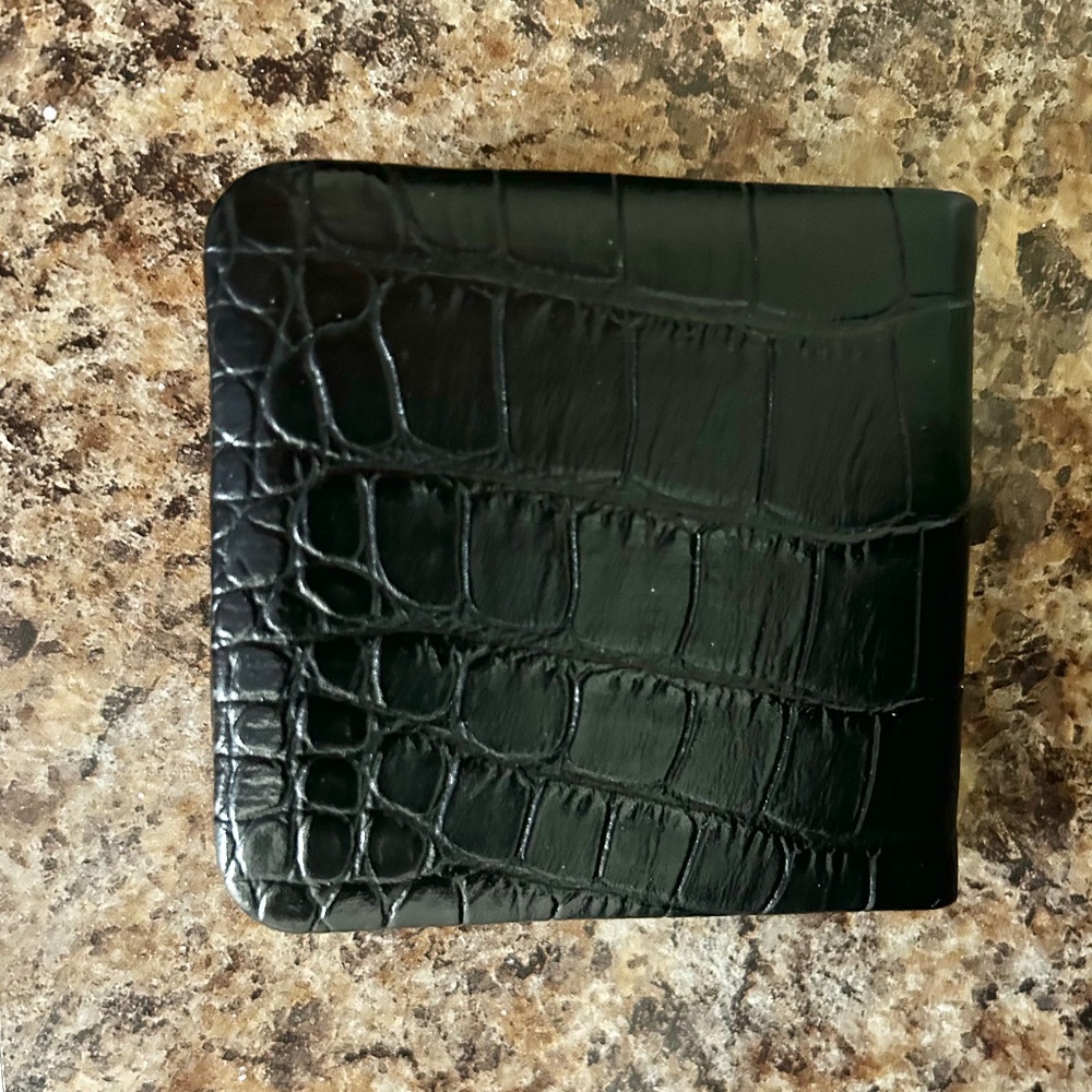 NEW Genuine Leather Black Faux Croc Travel Compact Hand Mirror Dual-Sided